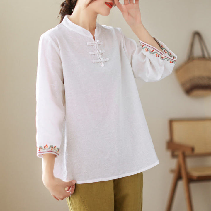 Camicia da donna in cotone con colletto rialzato, maniche a tre quarti ricamate, bottoni a rana in jacquard Buddha Stones - image 16