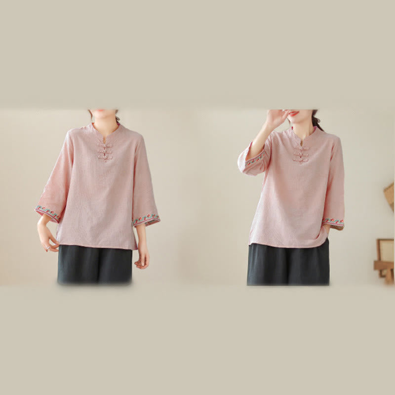 Camicia da donna in cotone con colletto rialzato, maniche a tre quarti ricamate, bottoni a rana in jacquard Buddha Stones - image 30