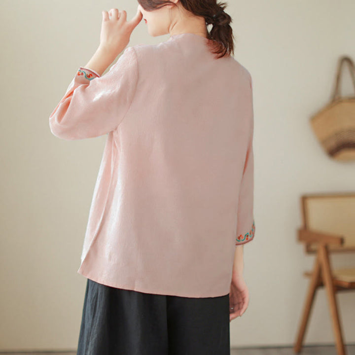 Camicia da donna in cotone con colletto rialzato, maniche a tre quarti ricamate, bottoni a rana in jacquard Buddha Stones - image 27