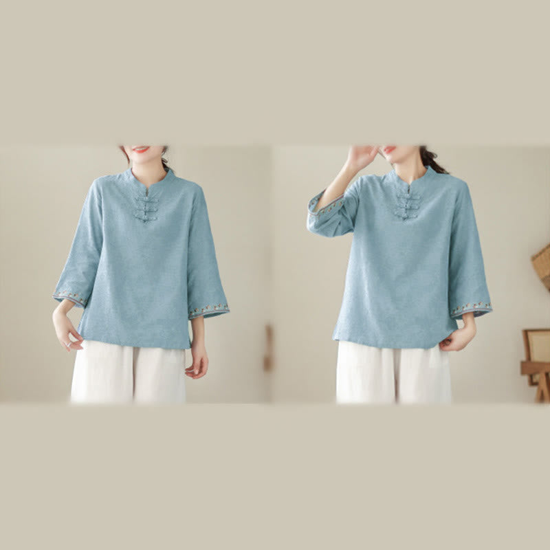 Camicia da donna in cotone con colletto rialzato, maniche a tre quarti ricamate, bottoni a rana in jacquard Buddha Stones - image 13