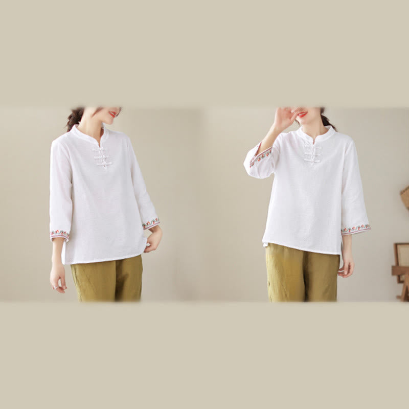 Camicia da donna in cotone con colletto rialzato, maniche a tre quarti ricamate, bottoni a rana in jacquard Buddha Stones - image 20