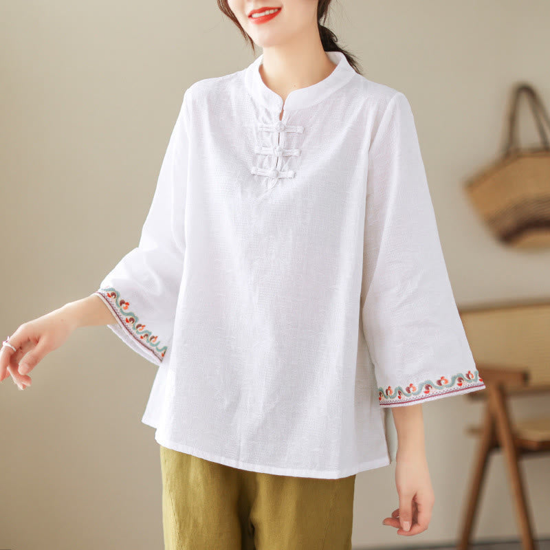 Camicia da donna in cotone con colletto rialzato, maniche a tre quarti ricamate, bottoni a rana in jacquard Buddha Stones - Bianco - US8-10, UK/AU12-14, EU40-42 (2XL) - image 14