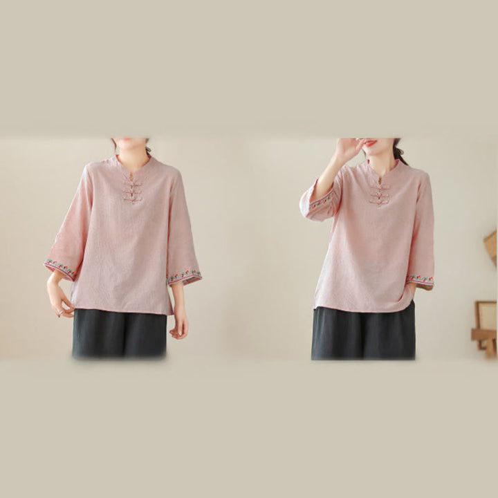 Camicia da donna in cotone con colletto rialzato, maniche a tre quarti ricamate, bottoni a rana in jacquard Buddha Stones - image 30