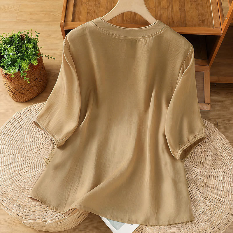 Camicia da donna con colletto rialzato, Buddha Stones , fiori ricamati, polsini elastici, maniche a tre quarti - image 7