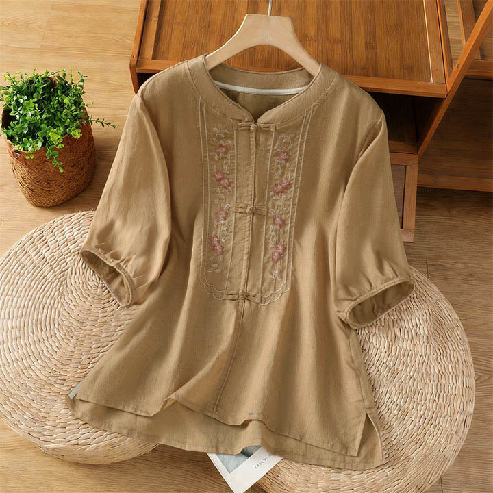 Camicia da donna con colletto rialzato, Buddha Stones , fiori ricamati, polsini elastici, maniche a tre quarti - Legno robusto - US8-10, UK/AU12-14, EU40-42 (2XL) - image 6