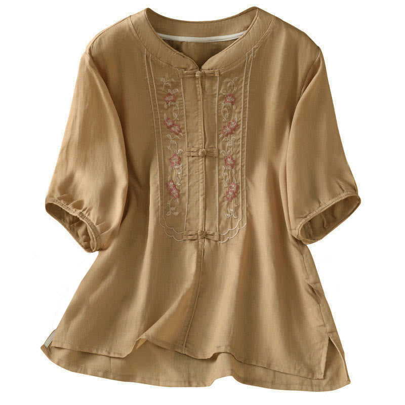 Camicia da donna con colletto rialzato, Buddha Stones , fiori ricamati, polsini elastici, maniche a tre quarti - image 13