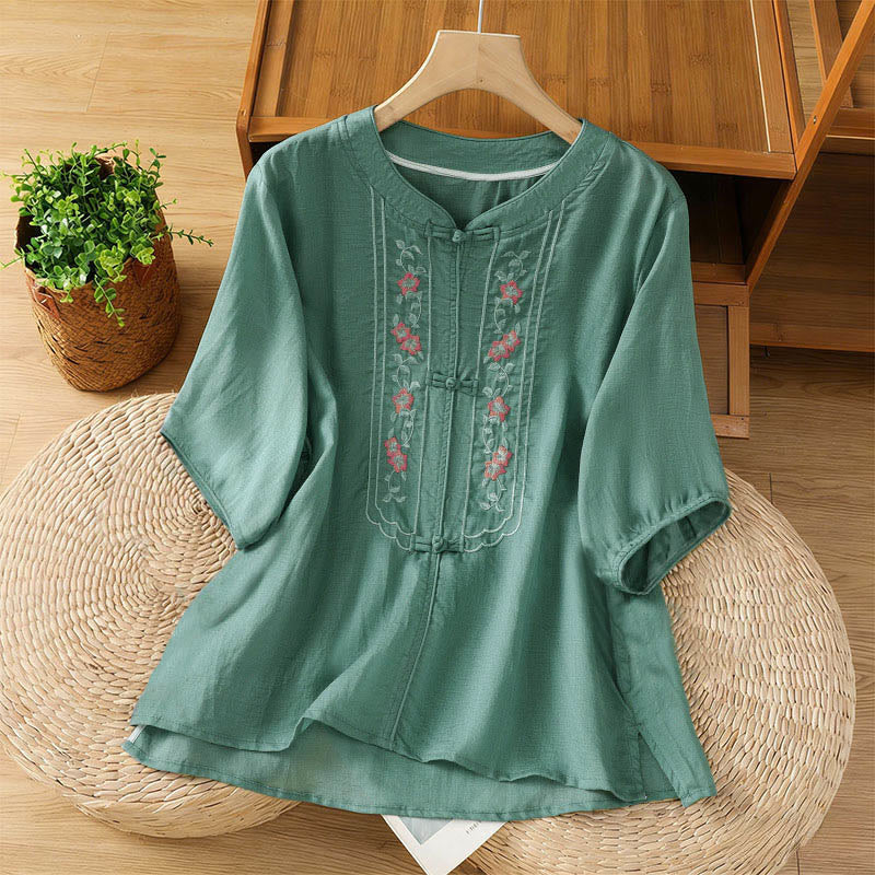 Camicia da donna con colletto rialzato, Buddha Stones , fiori ricamati, polsini elastici, maniche a tre quarti - Verde Mare Chiaro - US8-10, UK/AU12-14, EU40-42 (2XL) - image 0