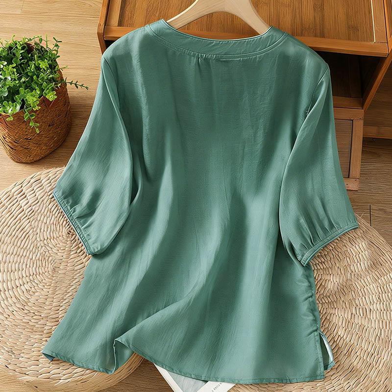 Camicia da donna con colletto rialzato, Buddha Stones , fiori ricamati, polsini elastici, maniche a tre quarti - image 1