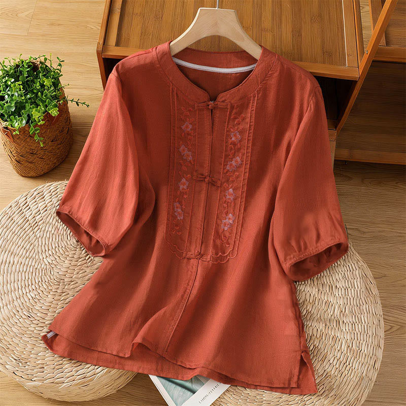 Camicia da donna con colletto rialzato, Buddha Stones , fiori ricamati, polsini elastici, maniche a tre quarti - Rosso scuro - US8-10, UK/AU12-14, EU40-42 (2XL) - image 15