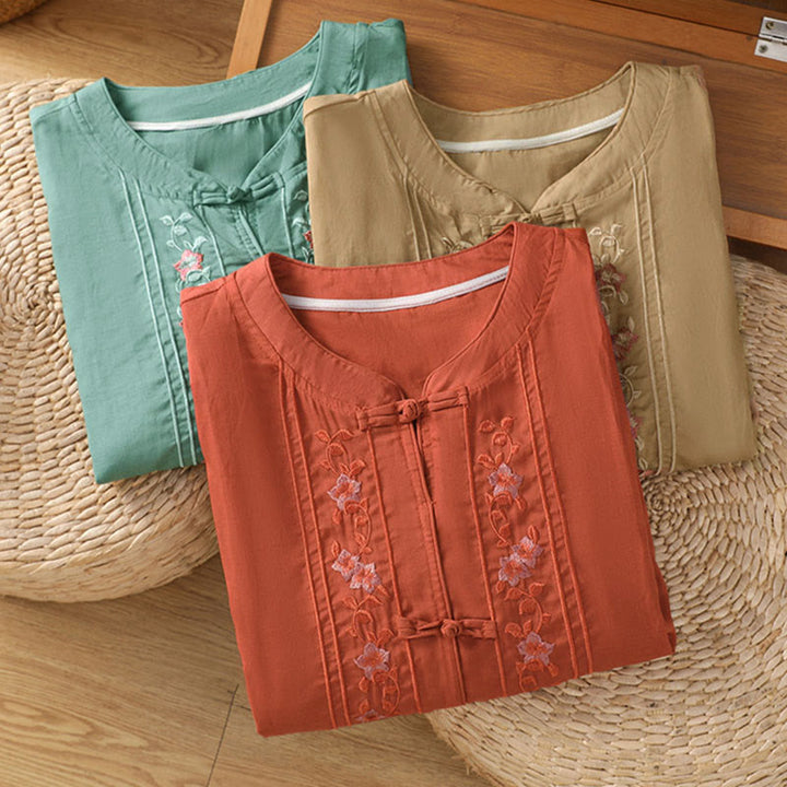 Camicia da donna con colletto rialzato, Buddha Stones , fiori ricamati, polsini elastici, maniche a tre quarti - image 21