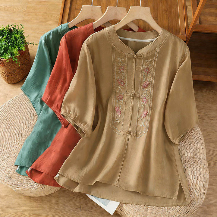 Camicia da donna con colletto rialzato, Buddha Stones , fiori ricamati, polsini elastici, maniche a tre quarti - image 20
