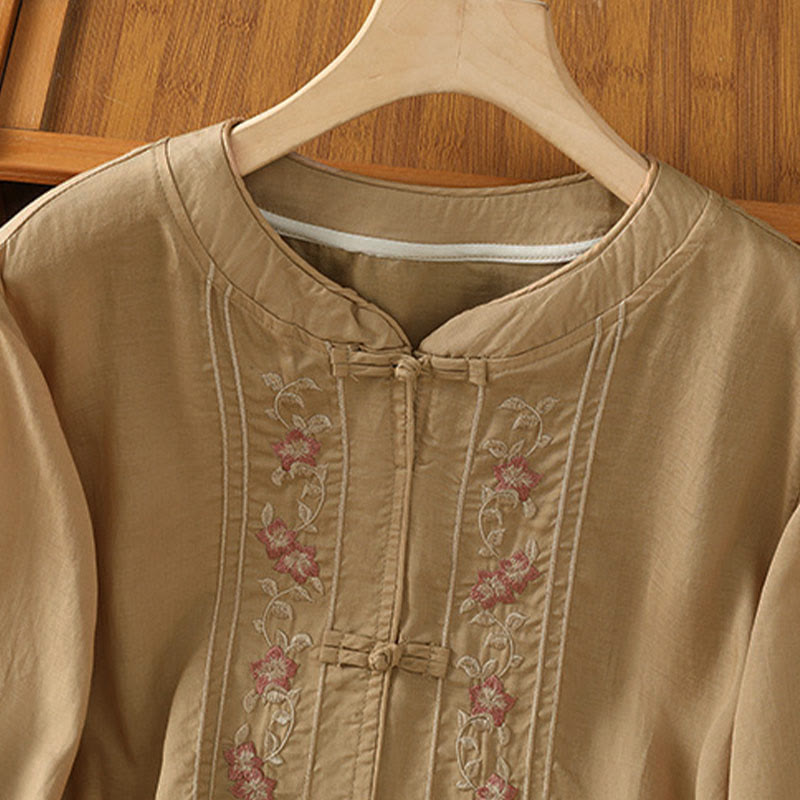 Camicia da donna con colletto rialzato, Buddha Stones , fiori ricamati, polsini elastici, maniche a tre quarti - image 8
