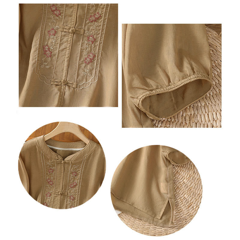 Camicia da donna con colletto rialzato, Buddha Stones , fiori ricamati, polsini elastici, maniche a tre quarti - image 14