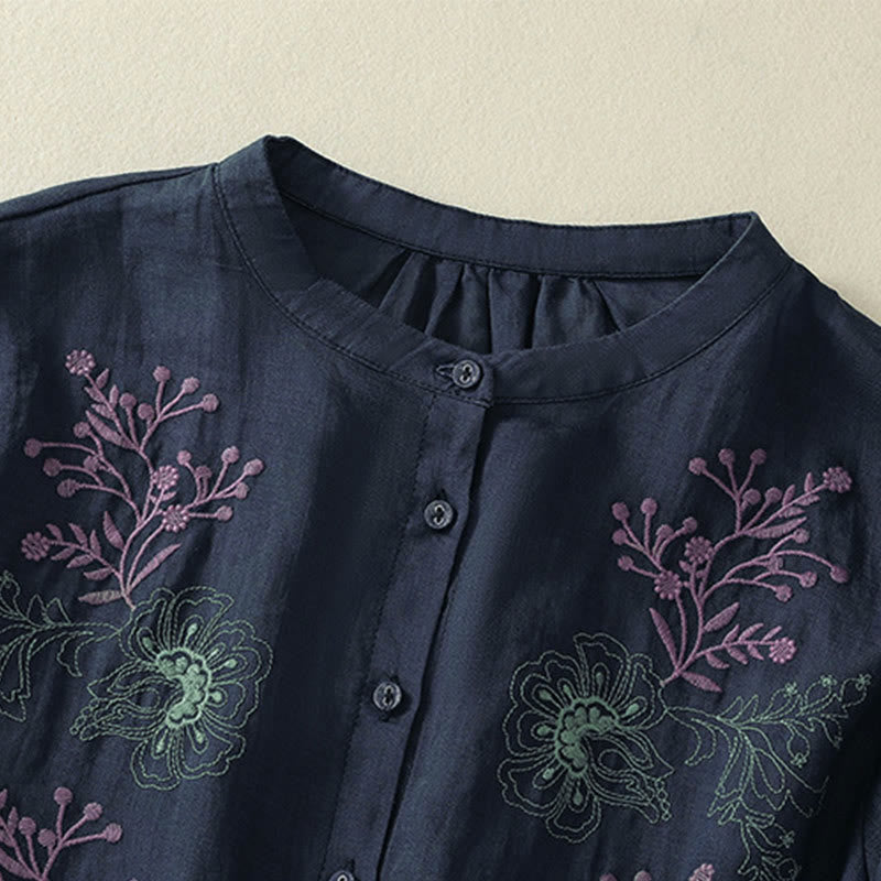 Buddha Stones Camicia da donna in cotone con colletto rialzato, maniche a tre quarti, spacchi laterali e design plissettato ricamato - image 2