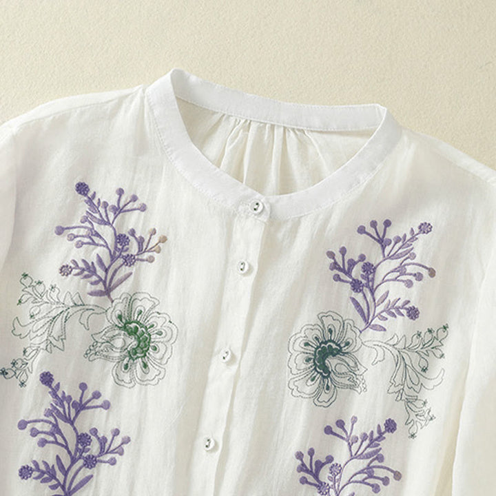 Buddha Stones Camicia da donna in cotone con colletto rialzato, maniche a tre quarti, spacchi laterali e design plissettato ricamato - image 18