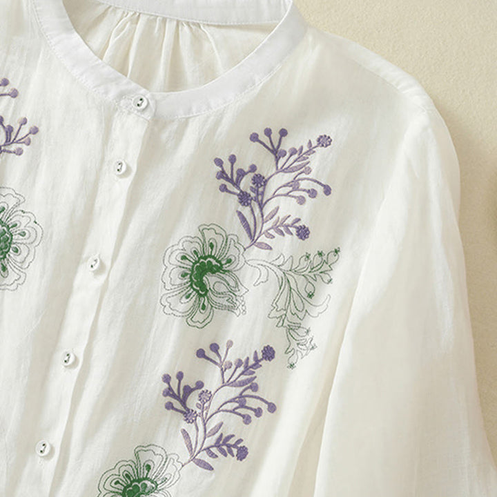 Buddha Stones Camicia da donna in cotone con colletto rialzato, maniche a tre quarti, spacchi laterali e design plissettato ricamato - image 20