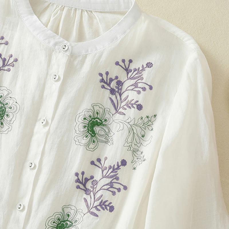 Buddha Stones Camicia da donna in cotone con colletto rialzato, maniche a tre quarti, spacchi laterali e design plissettato ricamato - image 20