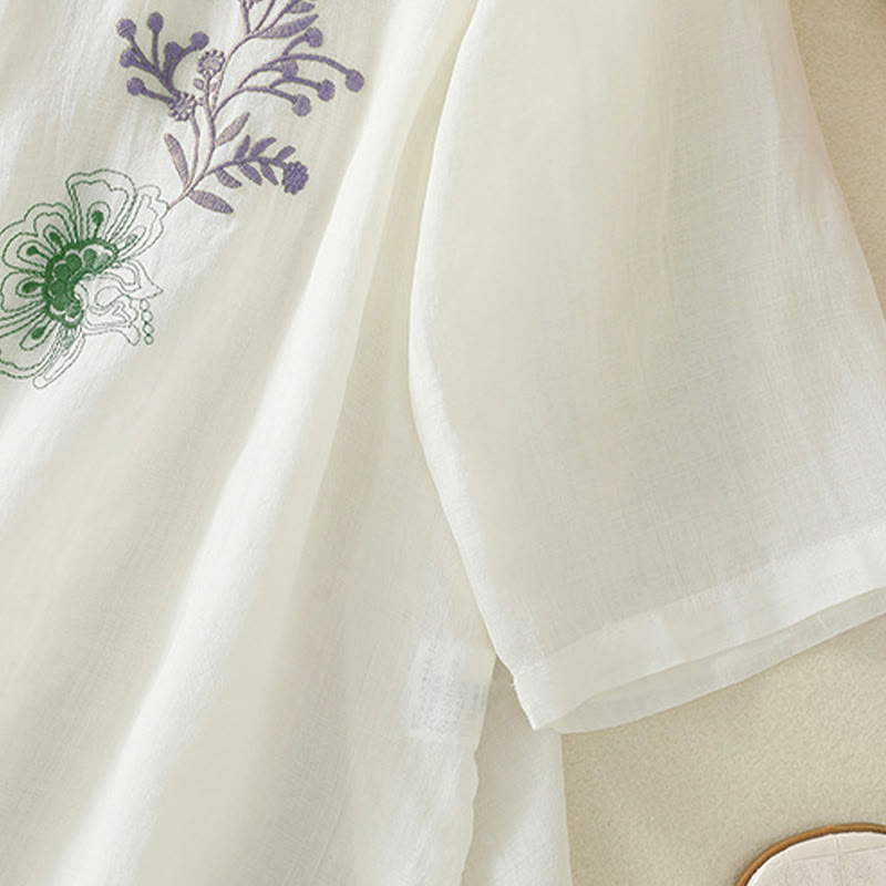 Buddha Stones Camicia da donna in cotone con colletto rialzato, maniche a tre quarti, spacchi laterali e design plissettato ricamato - image 21