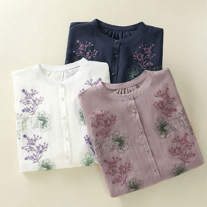 Buddha Stones Camicia da donna in cotone con colletto rialzato, maniche a tre quarti, spacchi laterali e design plissettato ricamato - image 26