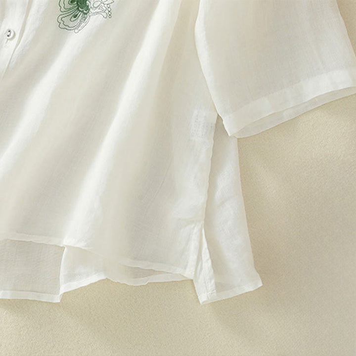Buddha Stones Camicia da donna in cotone con colletto rialzato, maniche a tre quarti, spacchi laterali e design plissettato ricamato - image 24