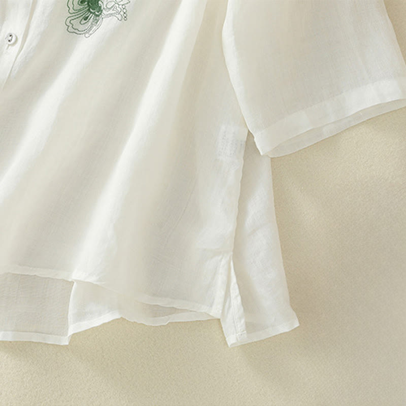 Buddha Stones Camicia da donna in cotone con colletto rialzato, maniche a tre quarti, spacchi laterali e design plissettato ricamato - image 24