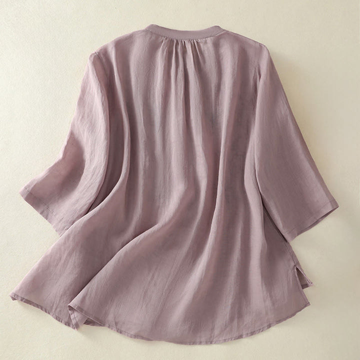 Buddha Stones Camicia da donna in cotone con colletto rialzato, maniche a tre quarti, spacchi laterali e design plissettato ricamato - image 8