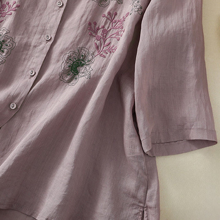 Buddha Stones Camicia da donna in cotone con colletto rialzato, maniche a tre quarti, spacchi laterali e design plissettato ricamato - image 12