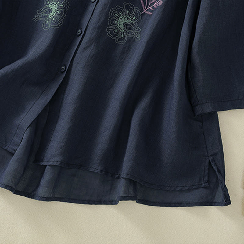 Buddha Stones Camicia da donna in cotone con colletto rialzato, maniche a tre quarti, spacchi laterali e design plissettato ricamato - image 6