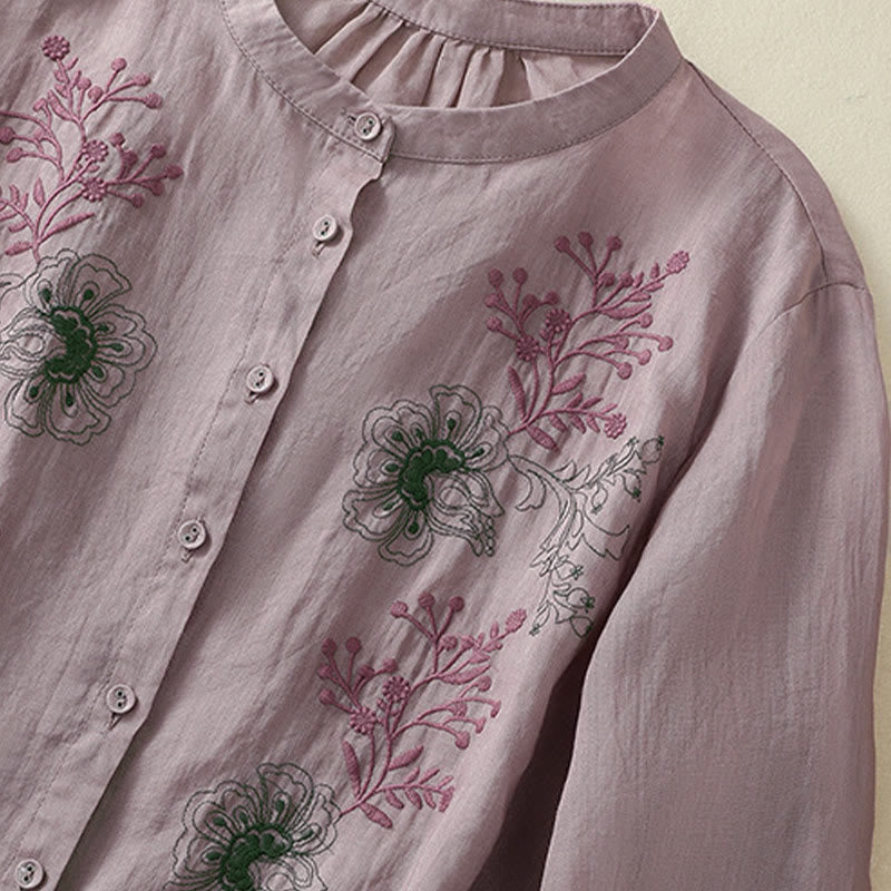 Buddha Stones Camicia da donna in cotone con colletto rialzato, maniche a tre quarti, spacchi laterali e design plissettato ricamato - image 11