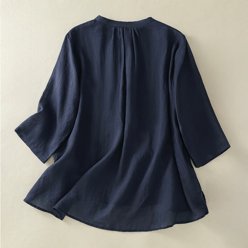 Buddha Stones Camicia da donna in cotone con colletto rialzato, maniche a tre quarti, spacchi laterali e design plissettato ricamato - image 1