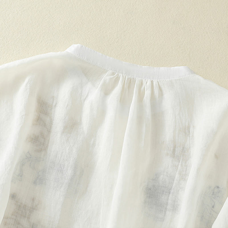 Buddha Stones Camicia da donna in cotone con colletto rialzato, maniche a tre quarti, spacchi laterali e design plissettato ricamato - image 19