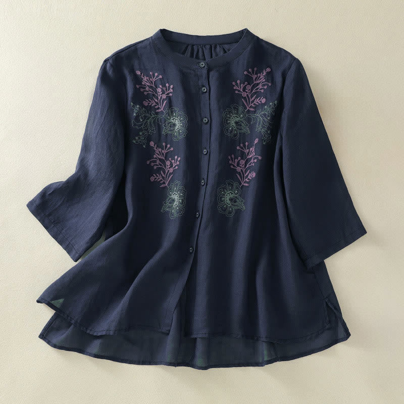 Buddha Stones Camicia da donna in cotone con colletto rialzato, maniche a tre quarti, spacchi laterali e design plissettato ricamato - Blu notte - US8-10, UK/AU12-14, EU40-42 (2XL) - image 0