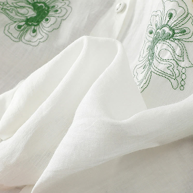 Buddha Stones Camicia da donna in cotone con colletto rialzato, maniche a tre quarti, spacchi laterali e design plissettato ricamato - image 22