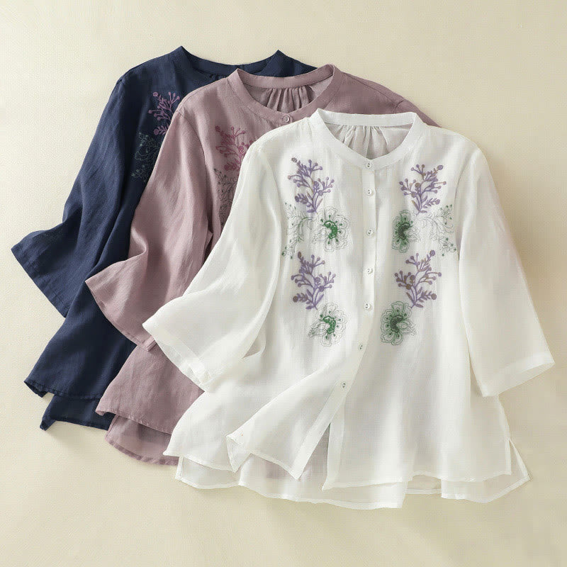 Buddha Stones Camicia da donna in cotone con colletto rialzato, maniche a tre quarti, spacchi laterali e design plissettato ricamato - image 25