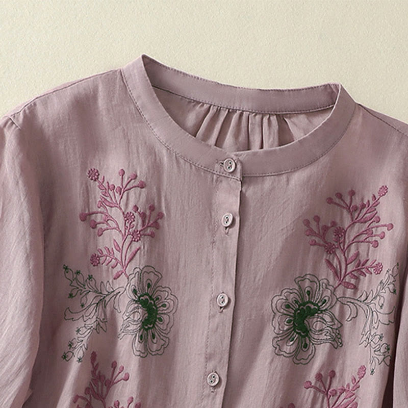 Buddha Stones Camicia da donna in cotone con colletto rialzato, maniche a tre quarti, spacchi laterali e design plissettato ricamato - image 9