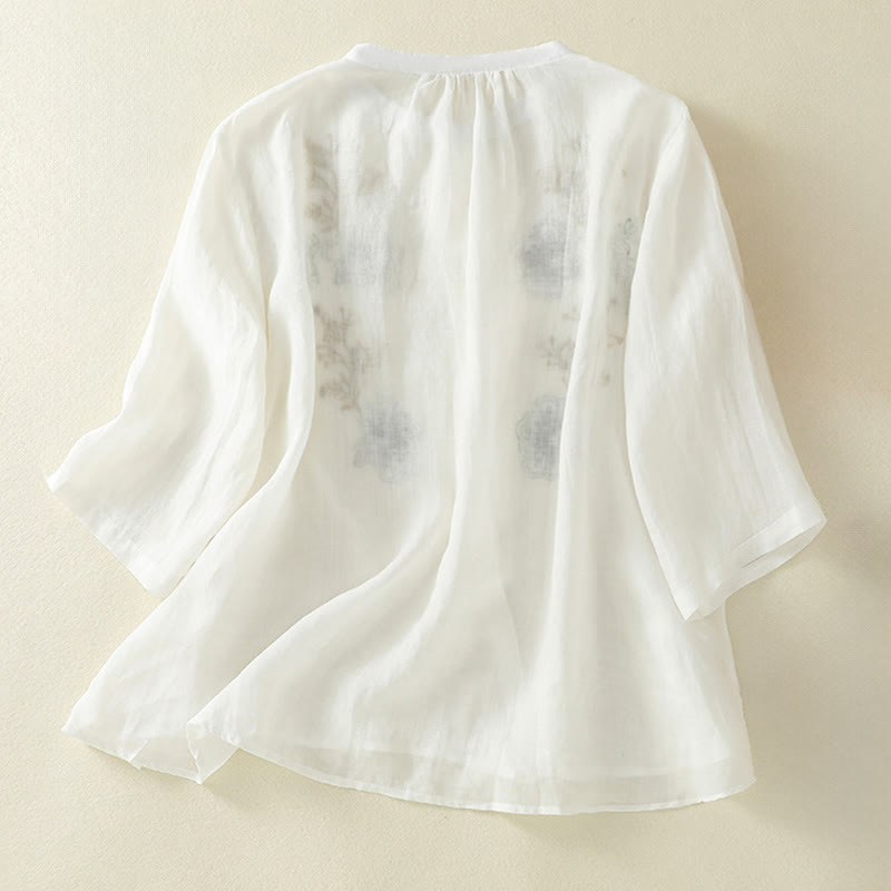 Buddha Stones Camicia da donna in cotone con colletto rialzato, maniche a tre quarti, spacchi laterali e design plissettato ricamato - image 17