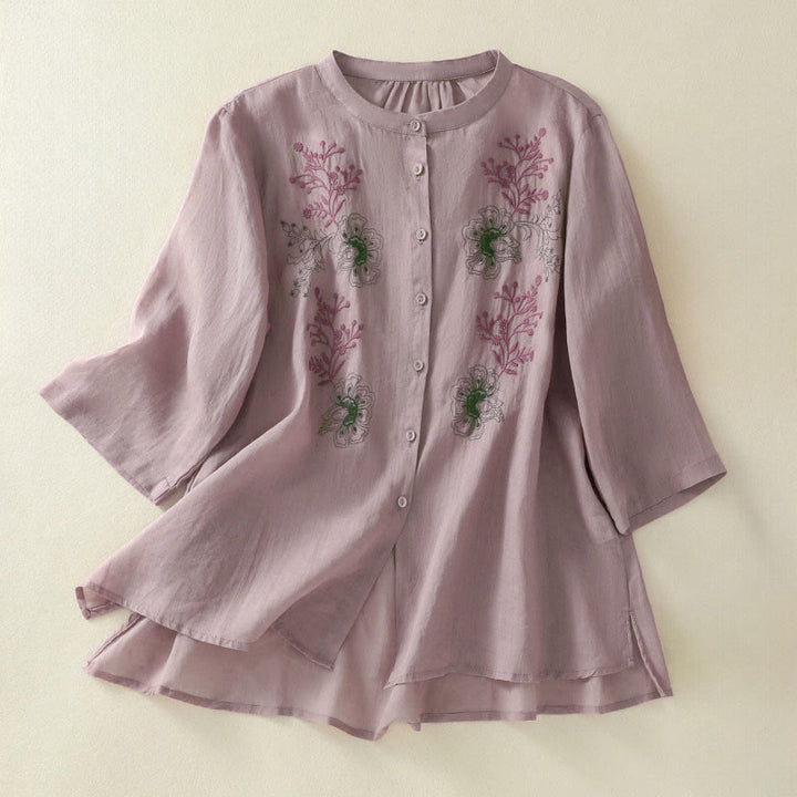 Buddha Stones Camicia da donna in cotone con colletto rialzato, maniche a tre quarti, spacchi laterali e design plissettato ricamato - Marrone rosato - US8-10, UK/AU12-14, EU40-42 (2XL) - image 7