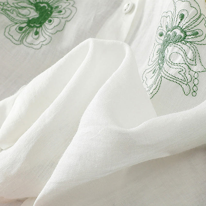 Buddha Stones Camicia da donna in cotone con colletto rialzato, maniche a tre quarti, spacchi laterali e design plissettato ricamato - image 22