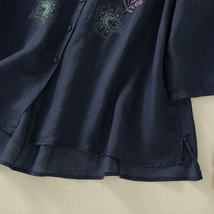 Buddha Stones Camicia da donna in cotone con colletto rialzato, maniche a tre quarti, spacchi laterali e design plissettato ricamato - image 6