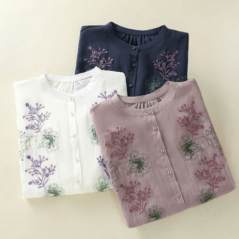 Buddha Stones Camicia da donna in cotone con colletto rialzato, maniche a tre quarti, spacchi laterali e design plissettato ricamato - image 26