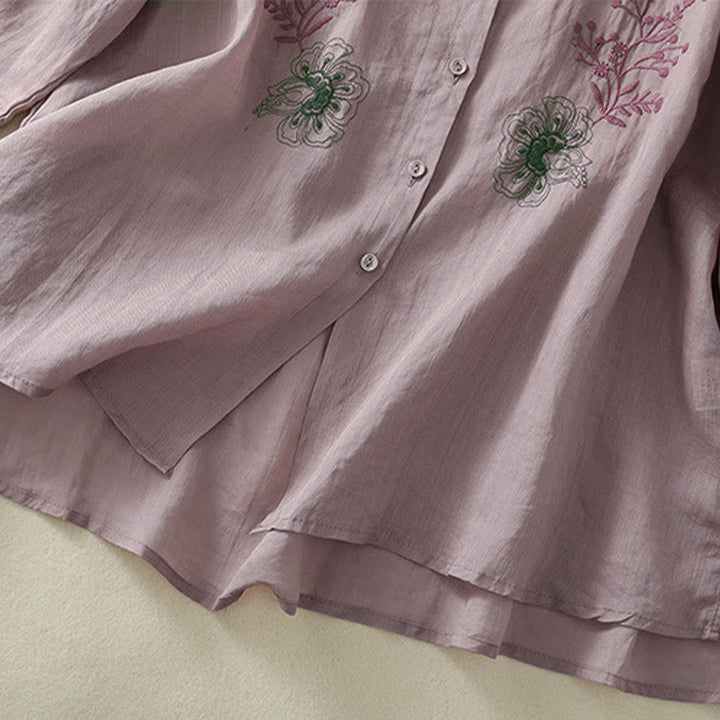 Buddha Stones Camicia da donna in cotone con colletto rialzato, maniche a tre quarti, spacchi laterali e design plissettato ricamato - image 13