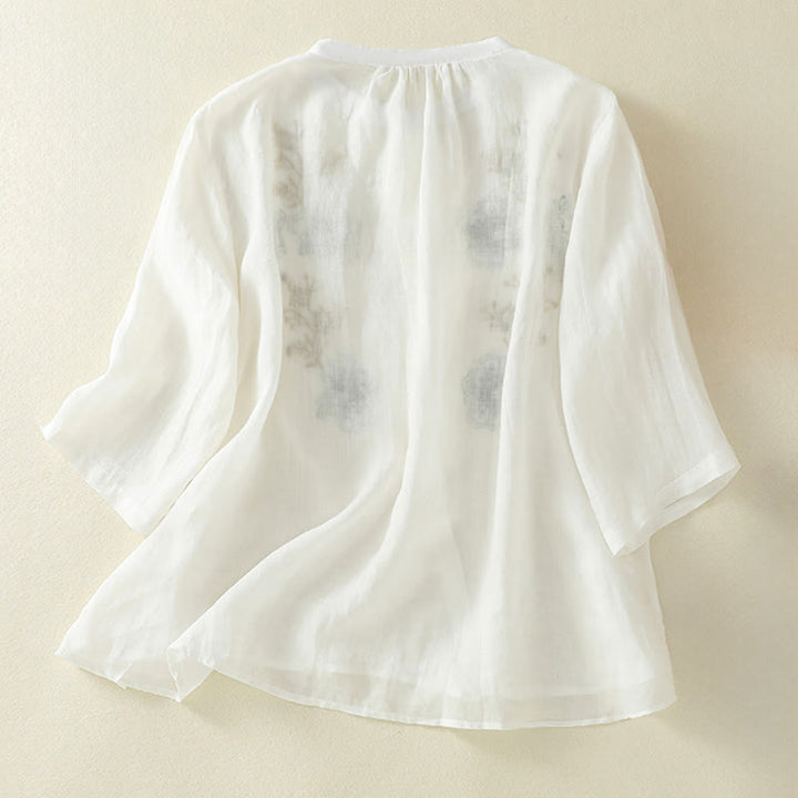 Buddha Stones Camicia da donna in cotone con colletto rialzato, maniche a tre quarti, spacchi laterali e design plissettato ricamato - image 17