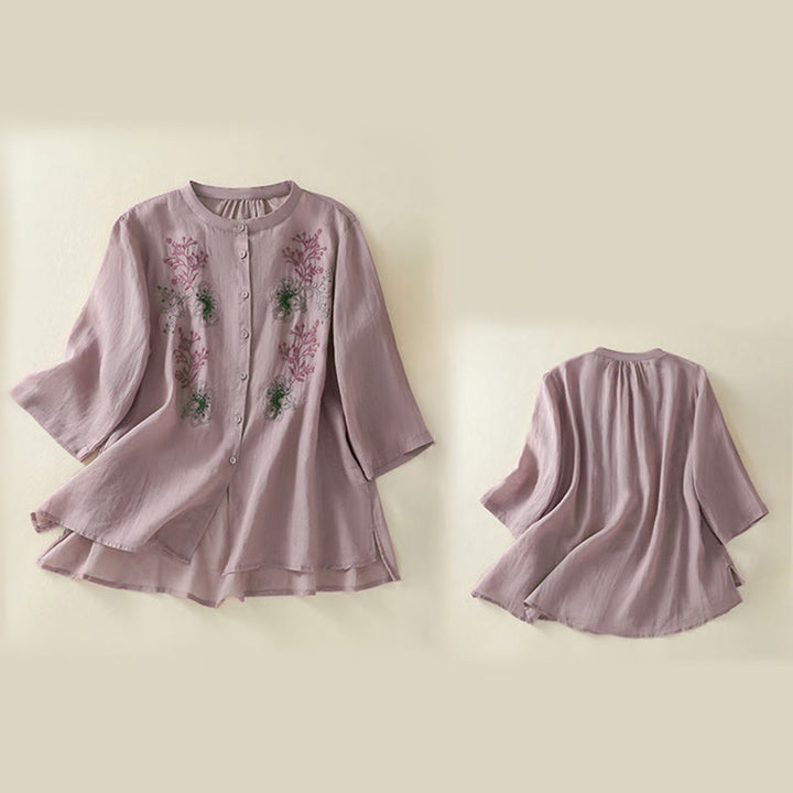 Buddha Stones Camicia da donna in cotone con colletto rialzato, maniche a tre quarti, spacchi laterali e design plissettato ricamato - image 15