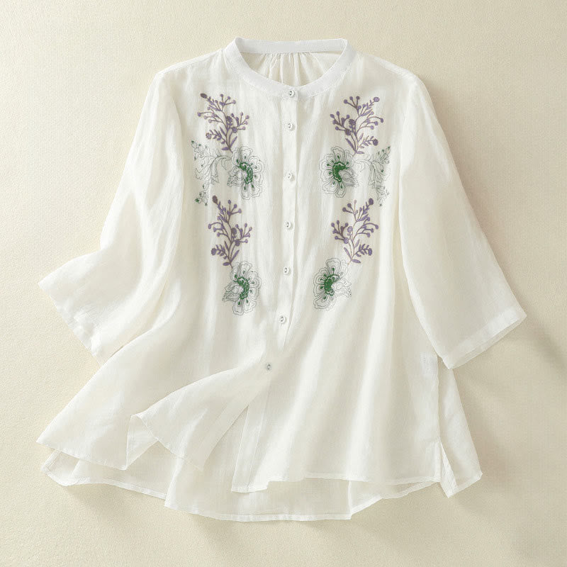 Buddha Stones Camicia da donna in cotone con colletto rialzato, maniche a tre quarti, spacchi laterali e design plissettato ricamato - Bianco - US8-10, UK/AU12-14, EU40-42 (2XL) - image 16