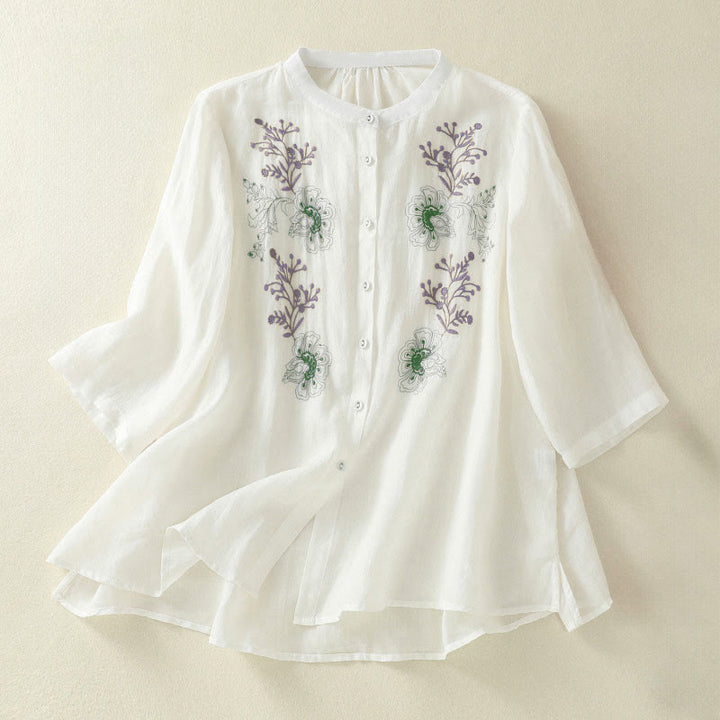 Buddha Stones Camicia da donna in cotone con colletto rialzato, maniche a tre quarti, spacchi laterali e design plissettato ricamato - Bianco - US8-10, UK/AU12-14, EU40-42 (2XL) - image 16