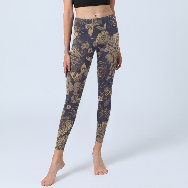 Buddha Stones Leggings da palestra con stampa di fiori, farfalle e foglie, pantaloni da yoga da donna, stile retrò - image 5