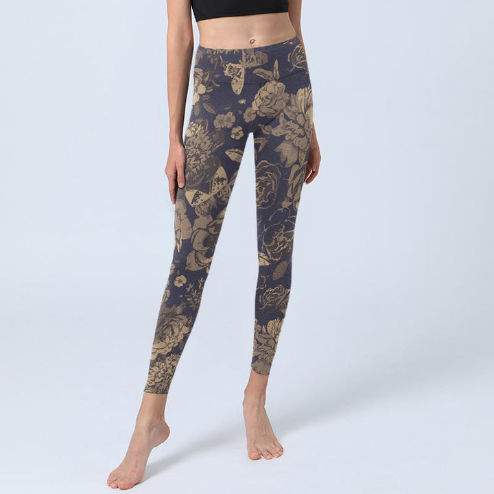 Buddha Stones Leggings da palestra con stampa di fiori, farfalle e foglie, pantaloni da yoga da donna, stile retrò - image 5