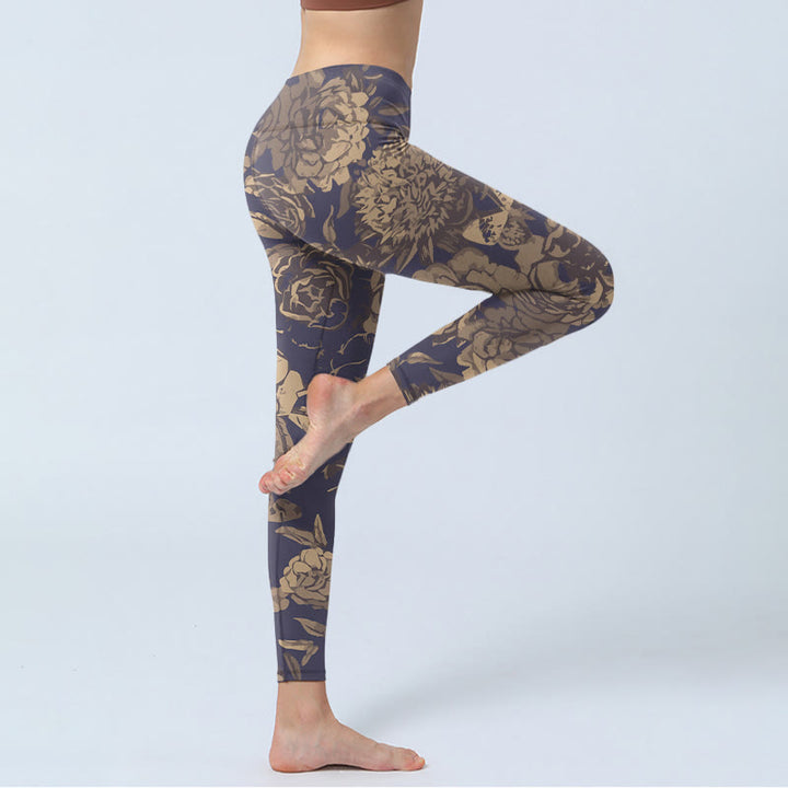 Buddha Stones Leggings da palestra con stampa di fiori, farfalle e foglie, pantaloni da yoga da donna, stile retrò - image 3