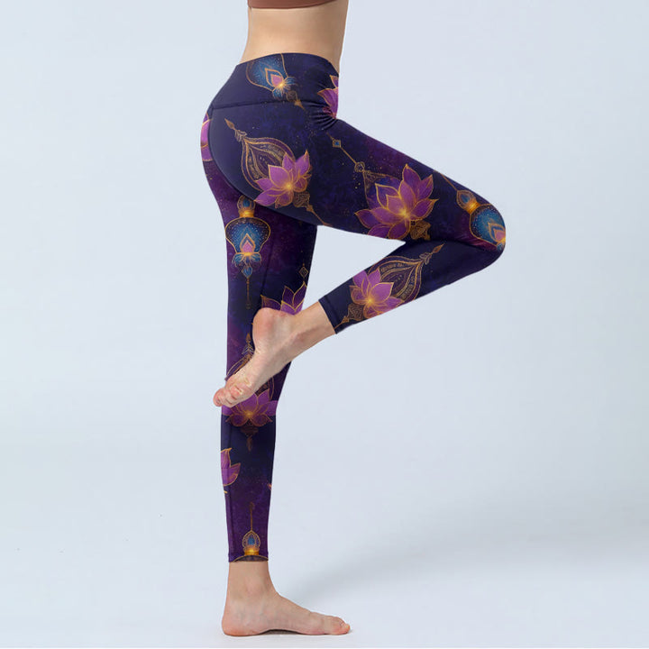 Buddha Stones Leggings da palestra con stampa di lanterne a forma di fiore di loto da sogno, pantaloni da yoga da donna - image 3