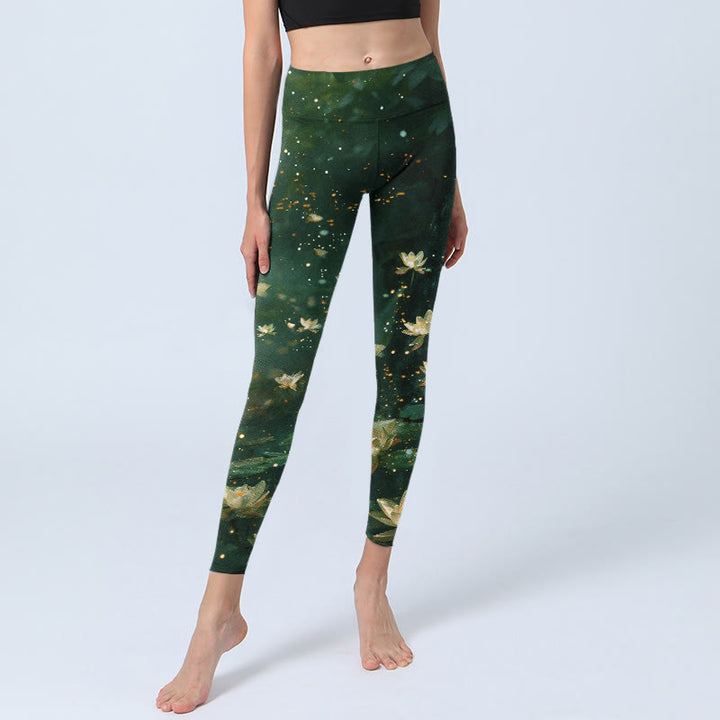 Buddha Stones Leggings da palestra con stampa di foglie di fiori di loto da sogno, pantaloni da yoga da donna - image 5